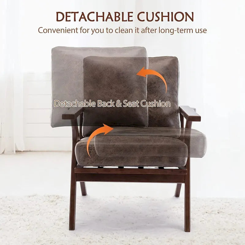 Fauteuil d'appoint en cuir rembourré avec cadre en bois massif et coussins amovibles