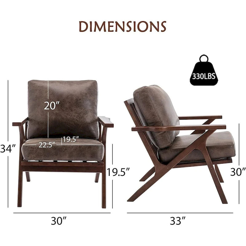 Fauteuil d'appoint en cuir rembourré avec cadre en bois massif et coussins amovibles