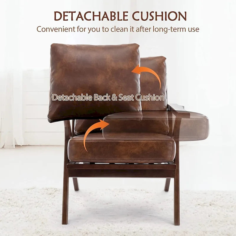 Fauteuil d'appoint en cuir rembourré avec cadre en bois massif et coussins amovibles