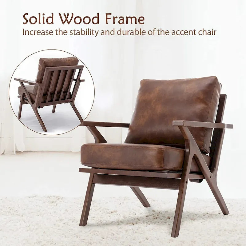 Fauteuil d'appoint en cuir rembourré avec cadre en bois massif et coussins amovibles