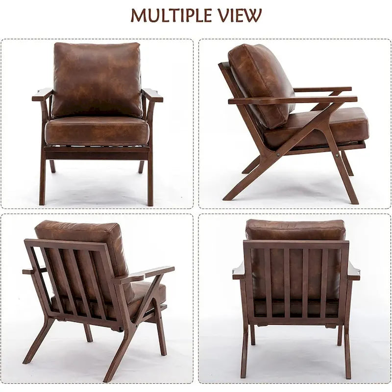 Fauteuil d'appoint en cuir rembourré avec cadre en bois massif et coussins amovibles