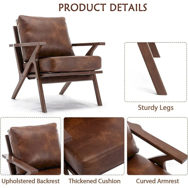 Fauteuil d'appoint en cuir rembourré avec cadre en bois massif et coussins amovibles