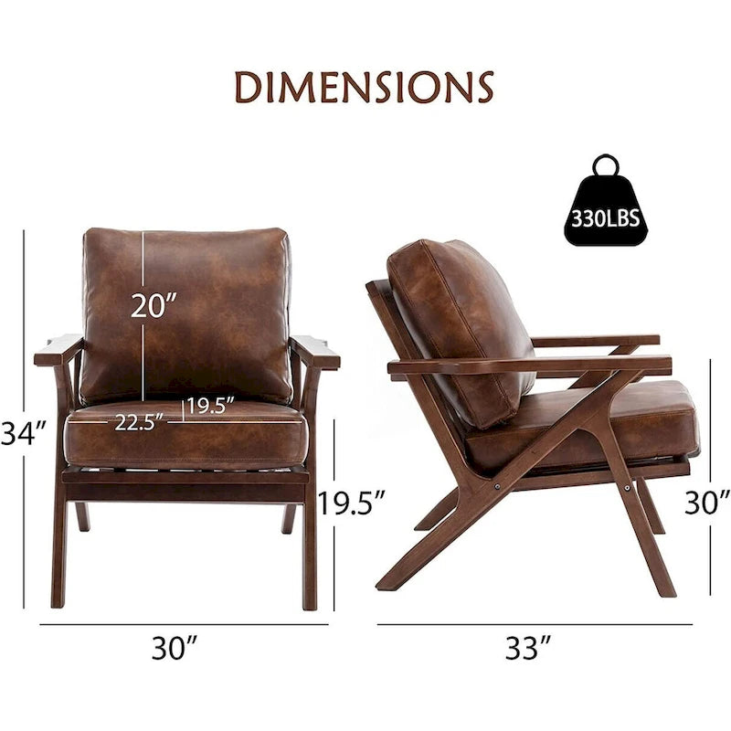 Fauteuil d'appoint en cuir rembourré avec cadre en bois massif et coussins amovibles