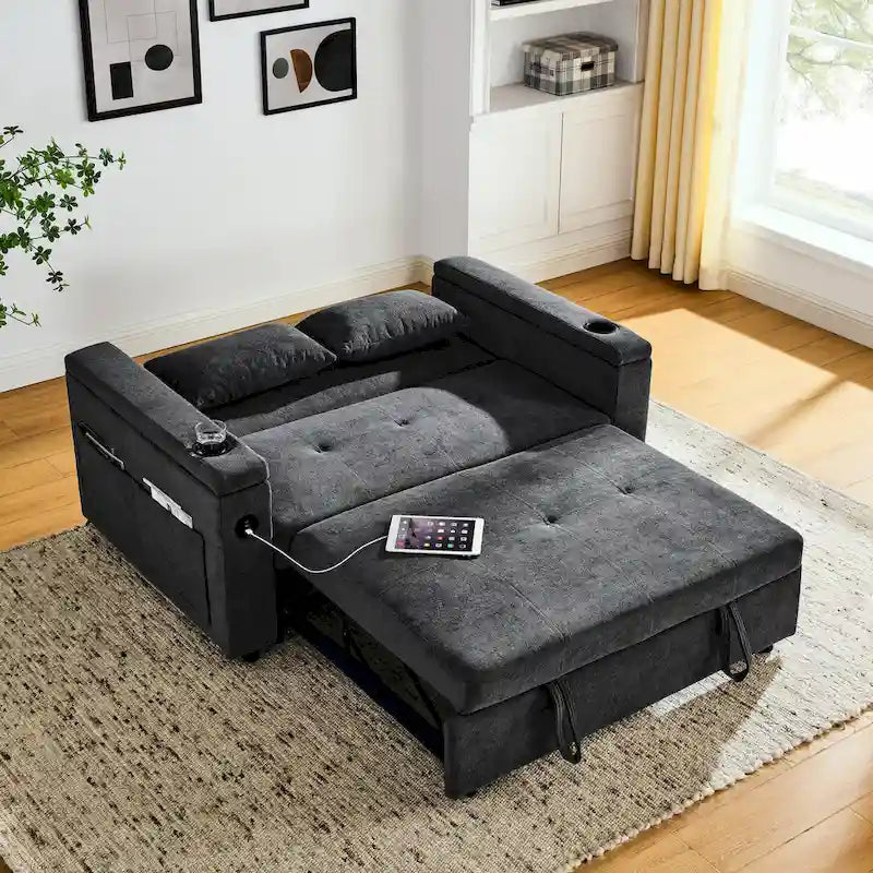 Canapé convertible gigogne 54 double place inclinable avec accoudoirs, rangement et poches latérales, dossier réglable et