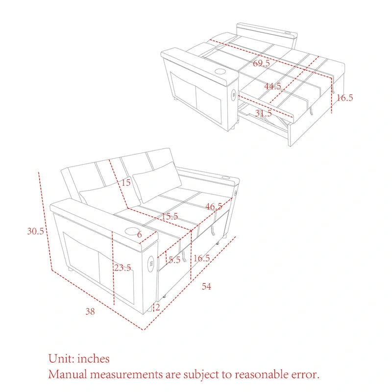 Canapé convertible gigogne 54 double place inclinable avec accoudoirs, rangement et poches latérales, dossier réglable et
