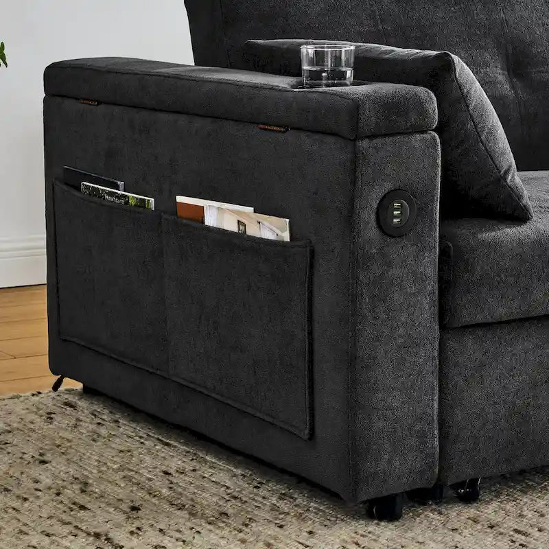 Canapé convertible gigogne 54 double place inclinable avec accoudoirs, rangement et poches latérales, dossier réglable et