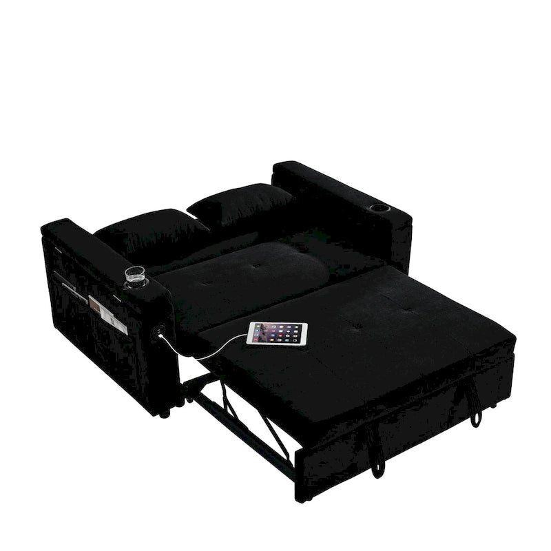 Canapé convertible gigogne 54 double place inclinable avec accoudoirs, rangement et poches latérales, dossier réglable et
