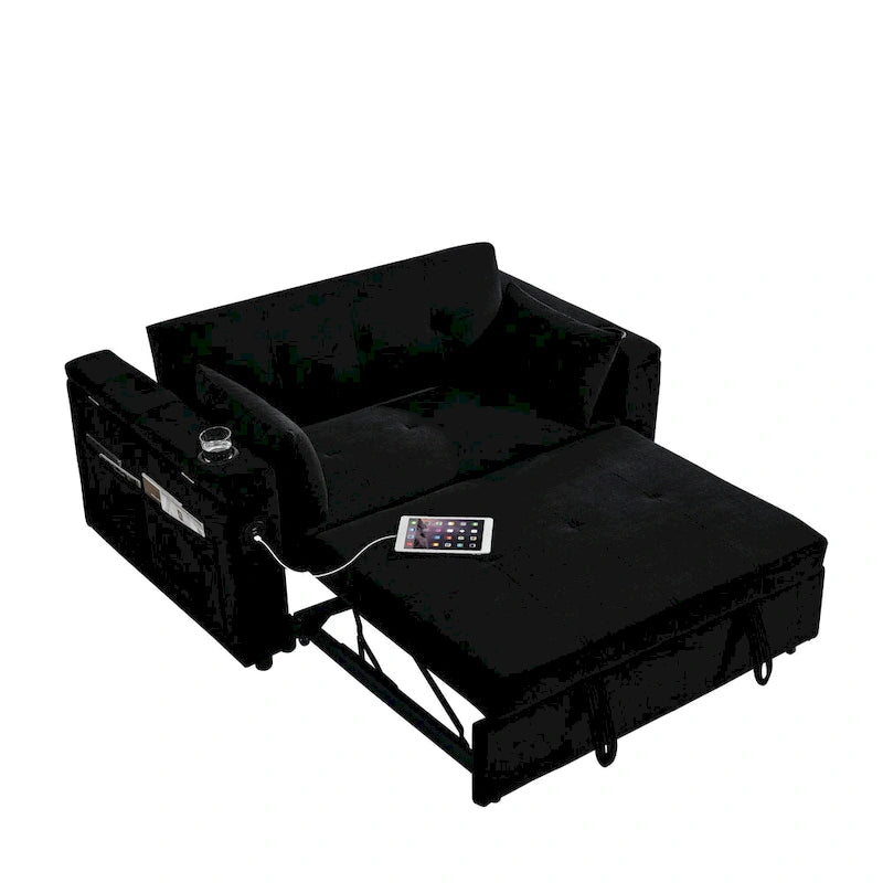 Canapé convertible gigogne 54 double place inclinable avec accoudoirs, rangement et poches latérales, dossier réglable et