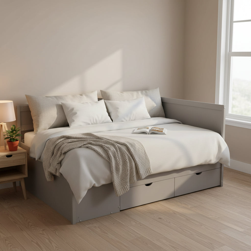 Lit de repos simple avec tiroirs et étagères, gris