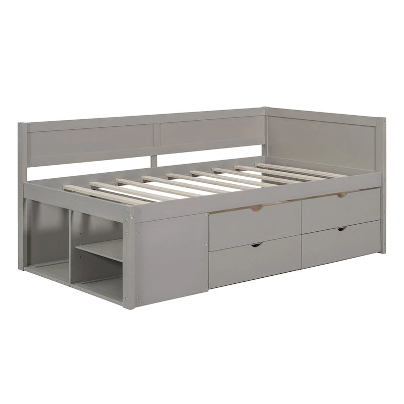 Lit de repos simple avec tiroirs et étagères, gris