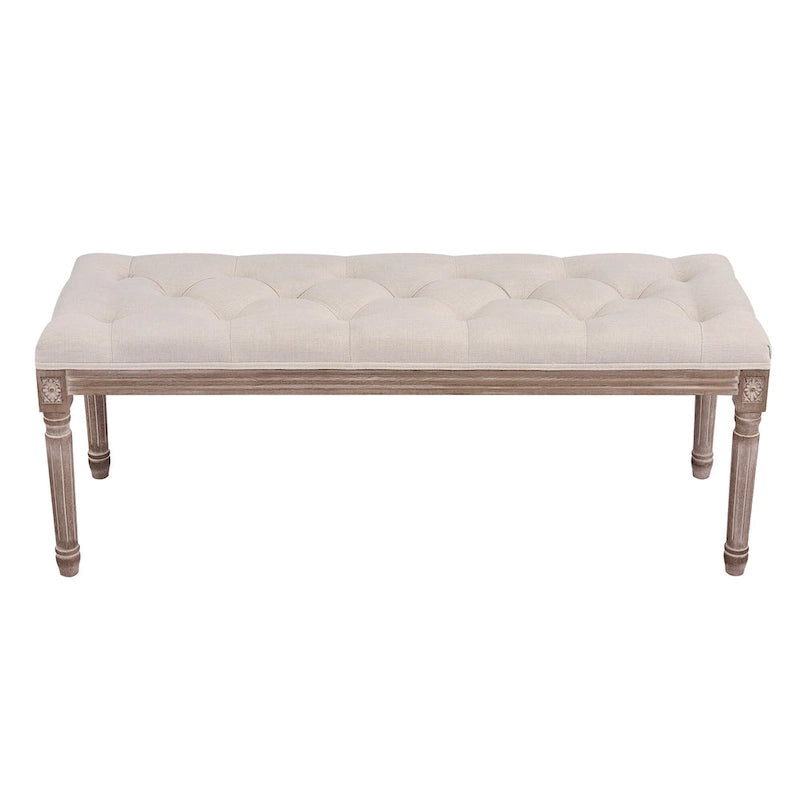 Banc extra long capitonné vintage français avec cadre en bois sculpté