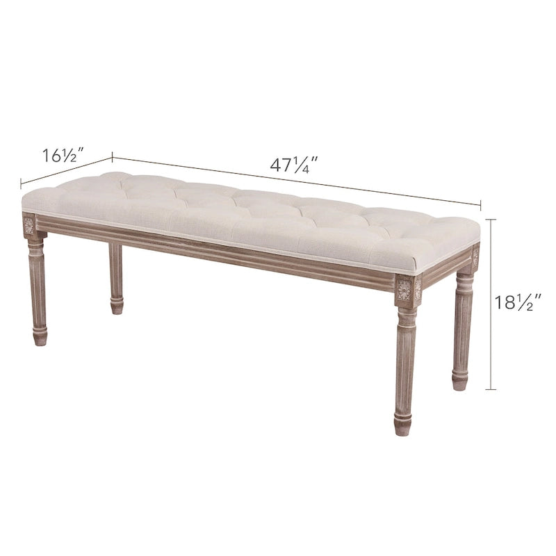 Banc extra long capitonné vintage français avec cadre en bois sculpté
