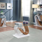 Ensemble de 2 tables basses contemporaines blanches et naturelles de 119 cm avec plateau en verre