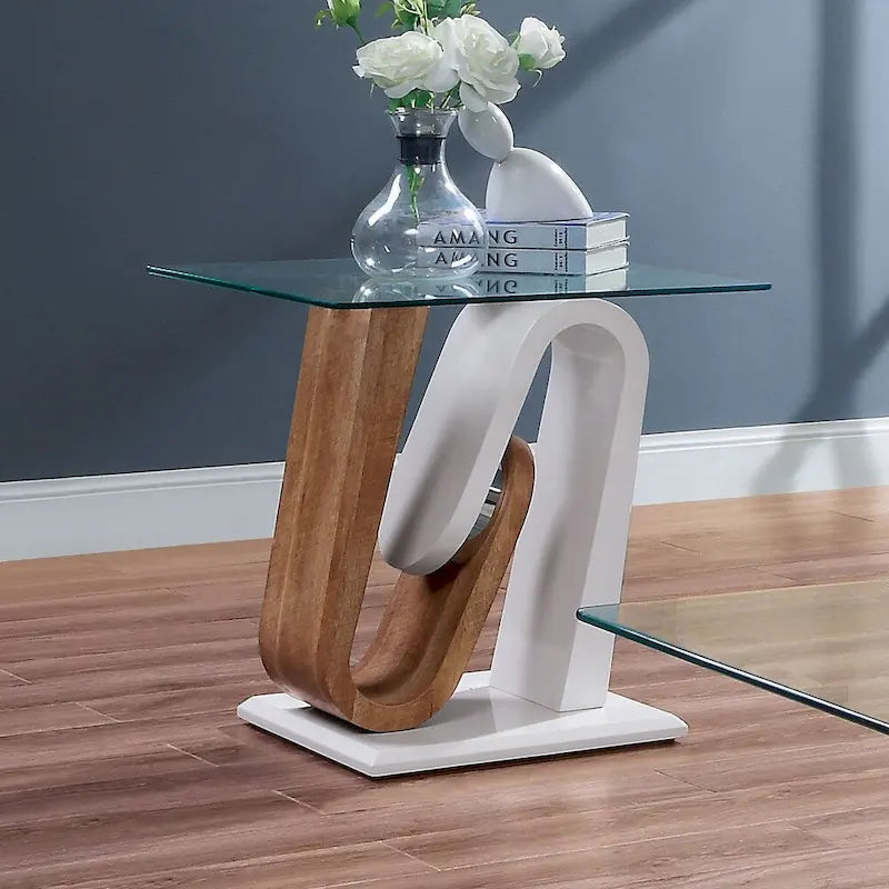 Ensemble de 2 tables basses contemporaines blanches et naturelles de 119 cm avec plateau en verre
