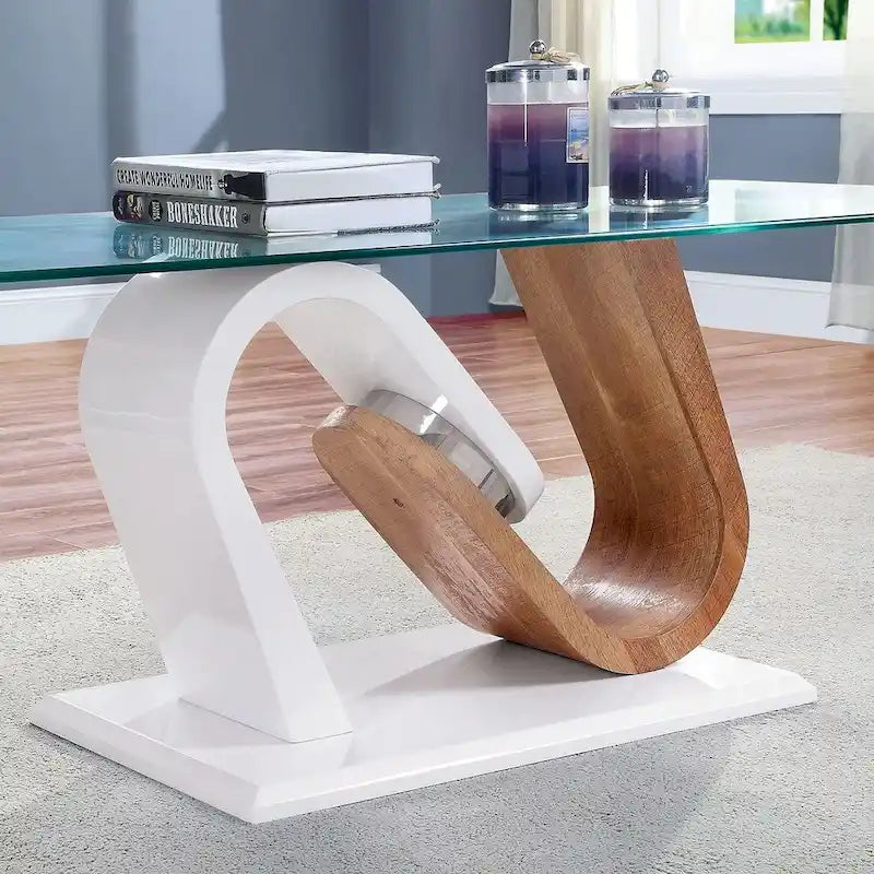 Ensemble de 2 tables basses contemporaines blanches et naturelles de 119 cm avec plateau en verre