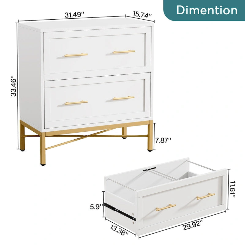 Classeur de 32 pouces, classeur latéral moderne à 2 tiroirs pour documents format Lettre/Légal/A4, pour bureau à domicile, blanc et or