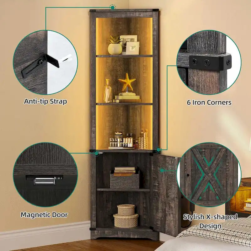 Meuble d'angle LED de rangement avec lumière, meuble d'angle haut de style ferme avec porte coulissante