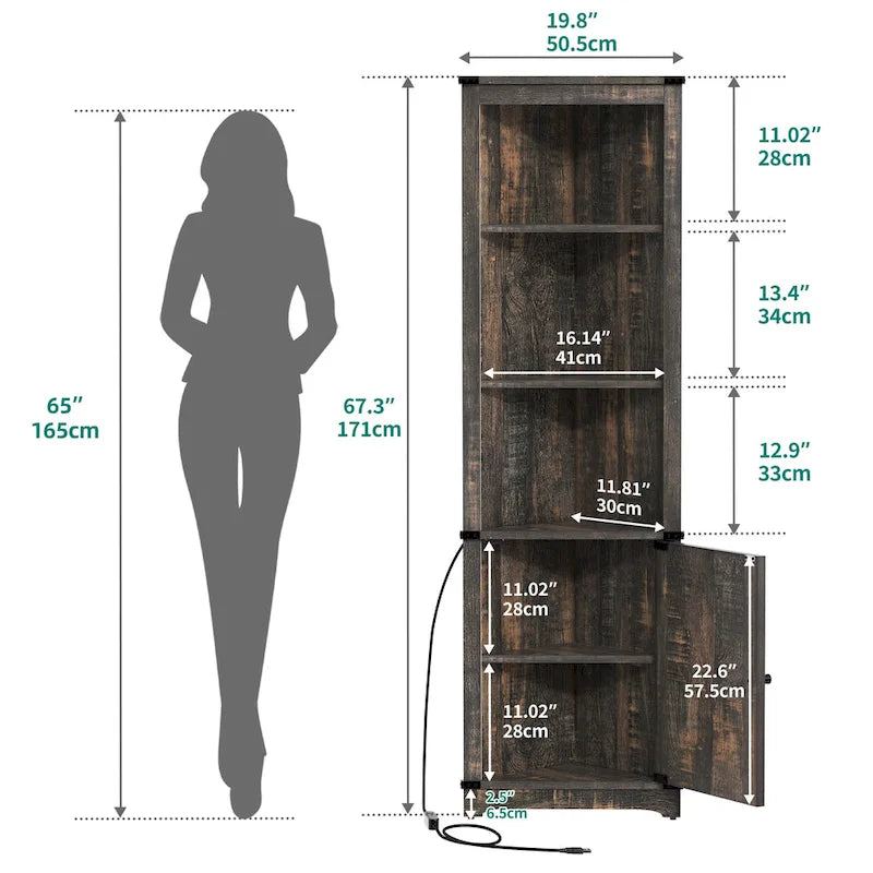 Meuble d'angle LED de rangement avec lumière, meuble d'angle haut de style ferme avec porte coulissante