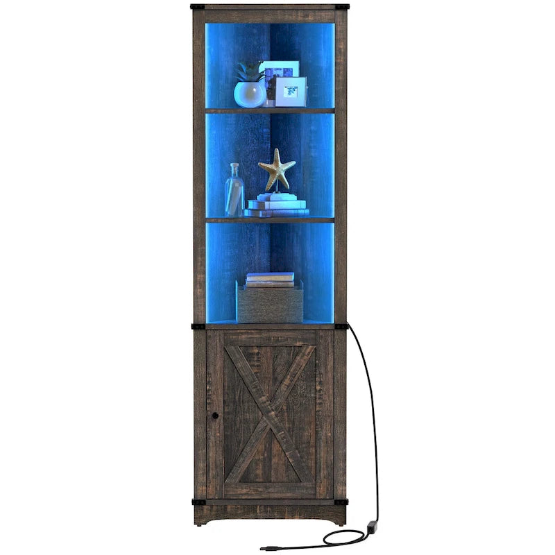 Meuble d'angle LED de rangement avec lumière, meuble d'angle haut de style ferme avec porte coulissante