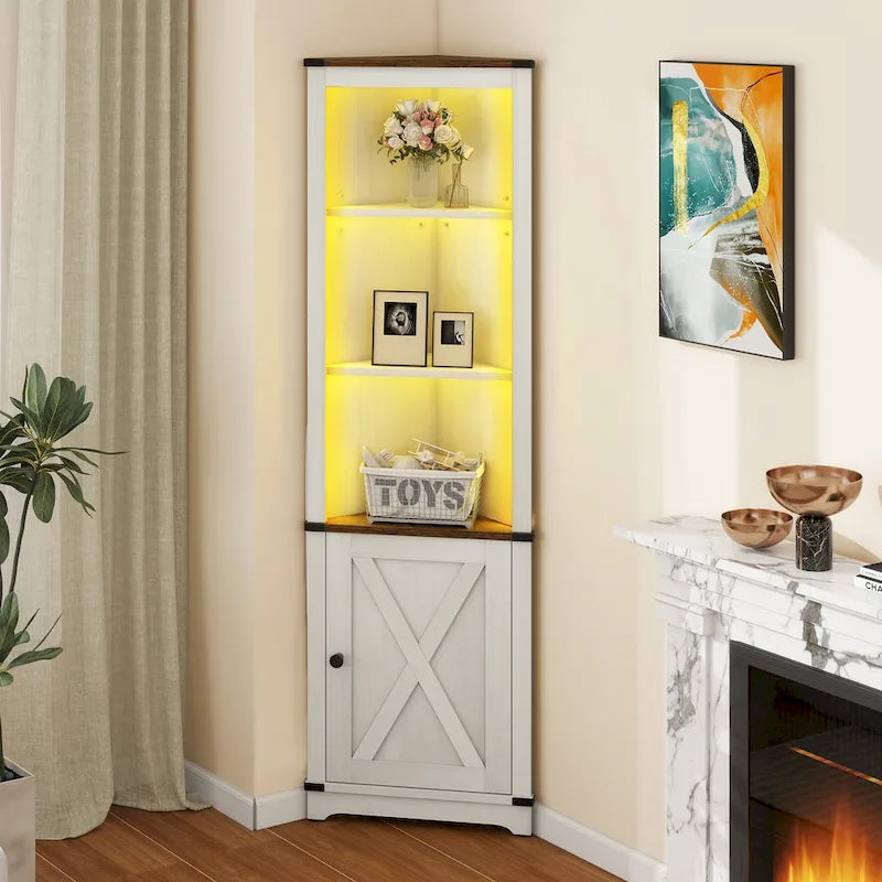 Meuble d'angle LED de rangement avec lumière, meuble d'angle haut de style ferme avec porte coulissante