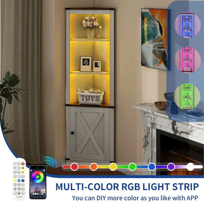 Meuble d'angle LED de rangement avec lumière, meuble d'angle haut de style ferme avec porte coulissante