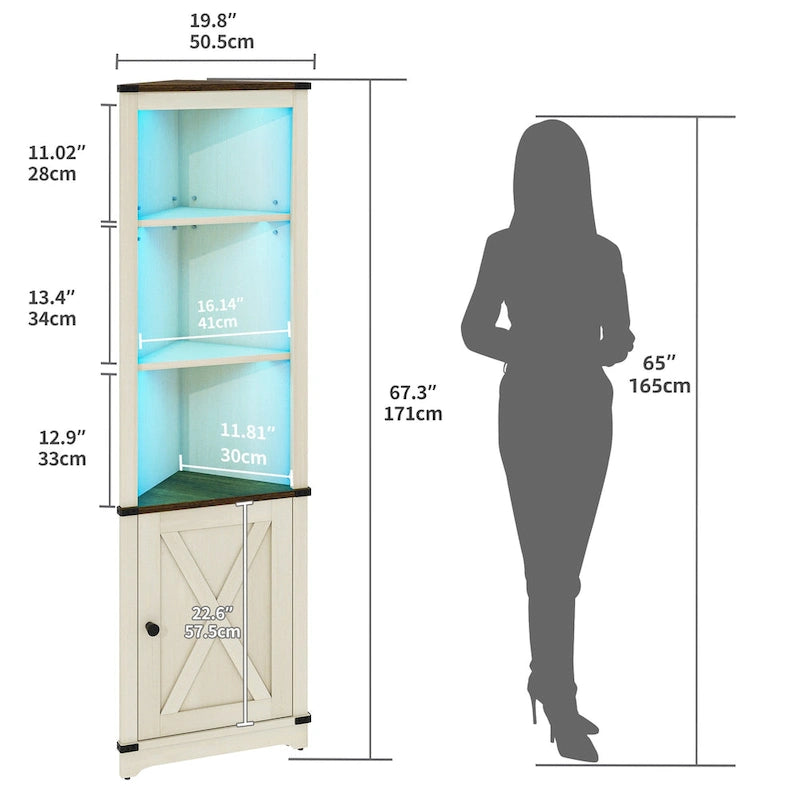Meuble d'angle LED de rangement avec lumière, meuble d'angle haut de style ferme avec porte coulissante