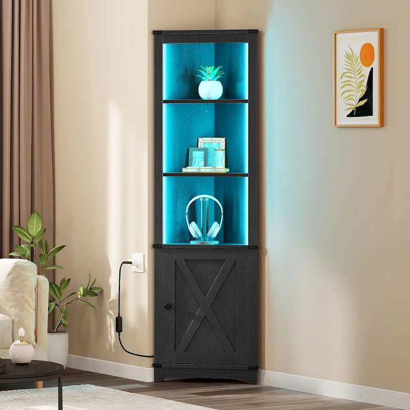 Meuble d'angle LED de rangement avec lumière, meuble d'angle haut de style ferme avec porte coulissante