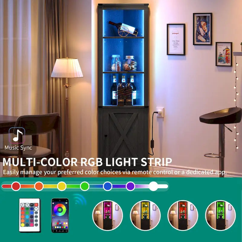 Meuble d'angle LED de rangement avec lumière, meuble d'angle haut de style ferme avec porte coulissante