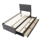 Lit plateforme rembourré double avec lit gigogne et 3 tiroirs, tissu en lin