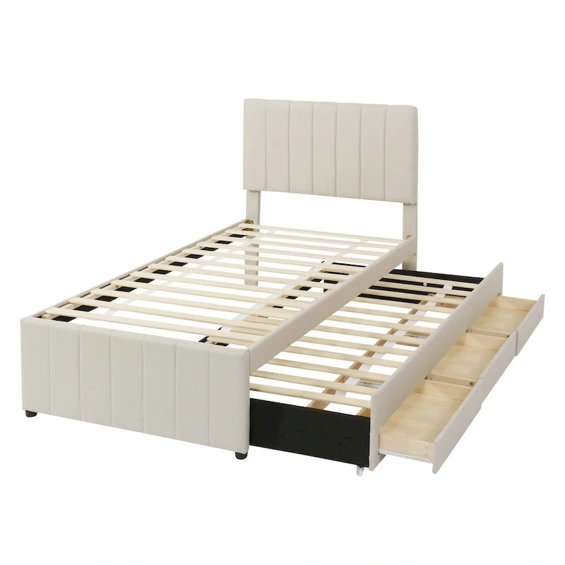 Lit plateforme rembourré double avec lit gigogne et 3 tiroirs, tissu en lin
