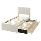 Lit plateforme rembourré double avec lit gigogne et 3 tiroirs, tissu en lin