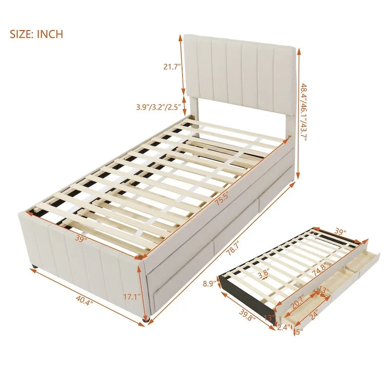 Lit plateforme rembourré double avec lit gigogne et 3 tiroirs, tissu en lin