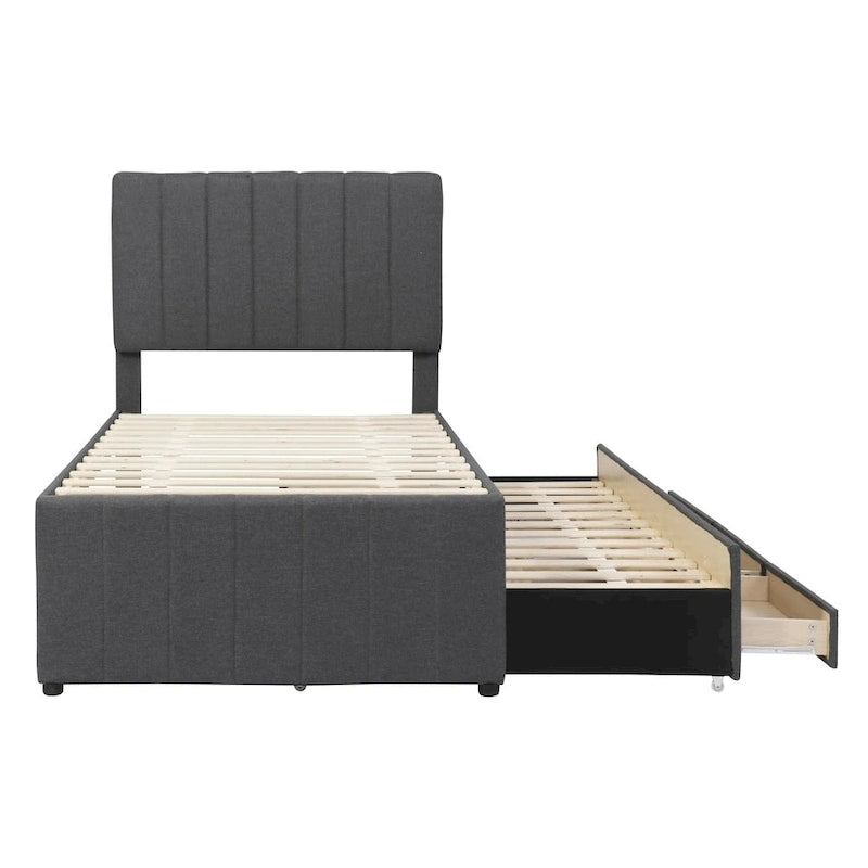 Lit plateforme rembourré double avec lit gigogne et 3 tiroirs, tissu en lin