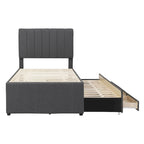 Lit plateforme rembourré double avec lit gigogne et 3 tiroirs, tissu en lin