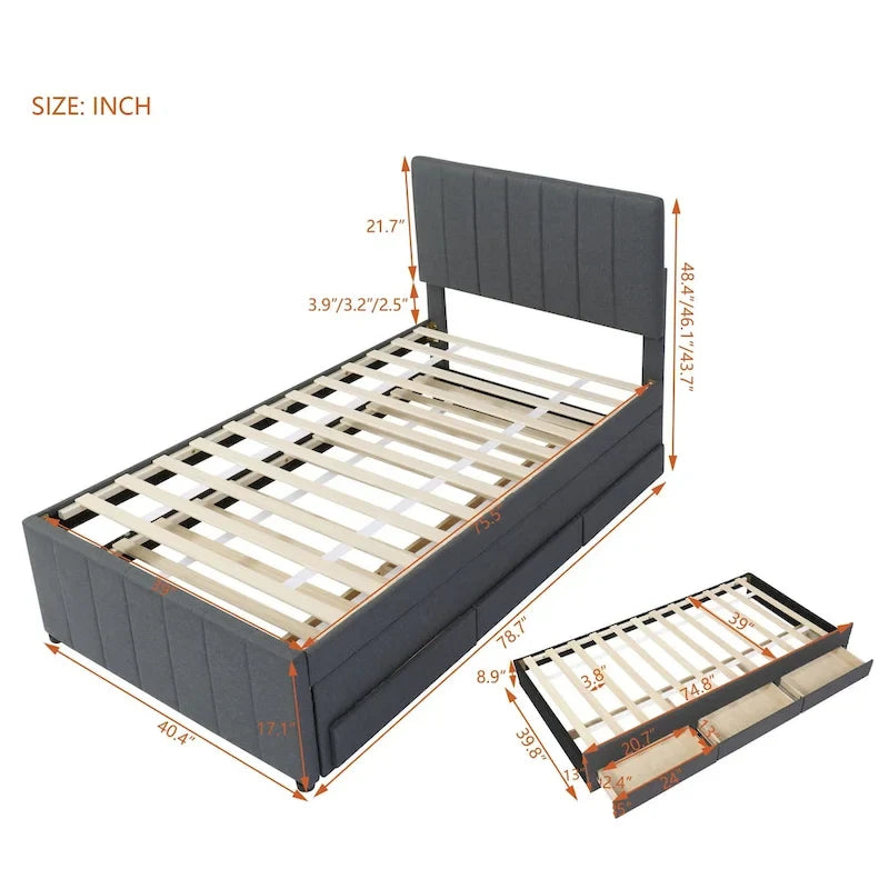Lit plateforme rembourré double avec lit gigogne et 3 tiroirs, tissu en lin