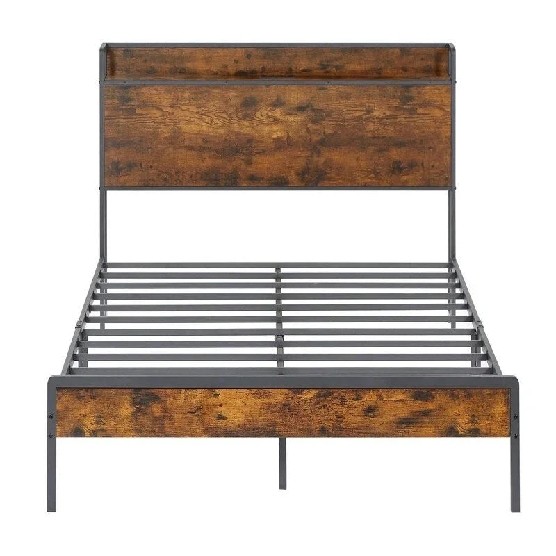 Cadre de lit Queen Size, lit plateforme avec tête de lit de rangement et station de recharge, antidérapant et sans bruit