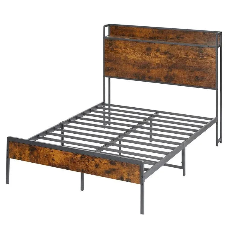 Cadre de lit Queen Size, lit plateforme avec tête de lit de rangement et station de recharge, antidérapant et sans bruit