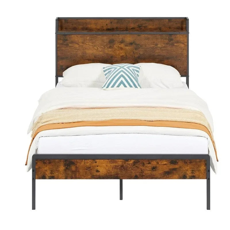 Cadre de lit Queen Size, lit plateforme avec tête de lit de rangement et station de recharge, antidérapant et sans bruit