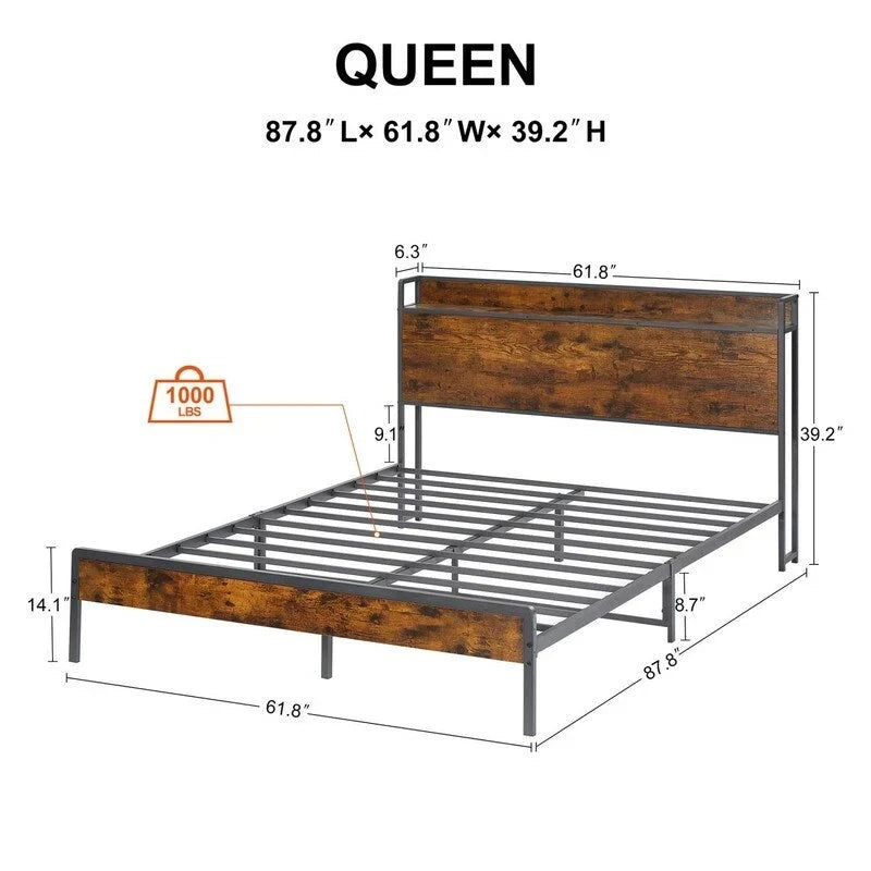 Cadre de lit Queen Size, lit plateforme avec tête de lit de rangement et station de recharge, antidérapant et sans bruit