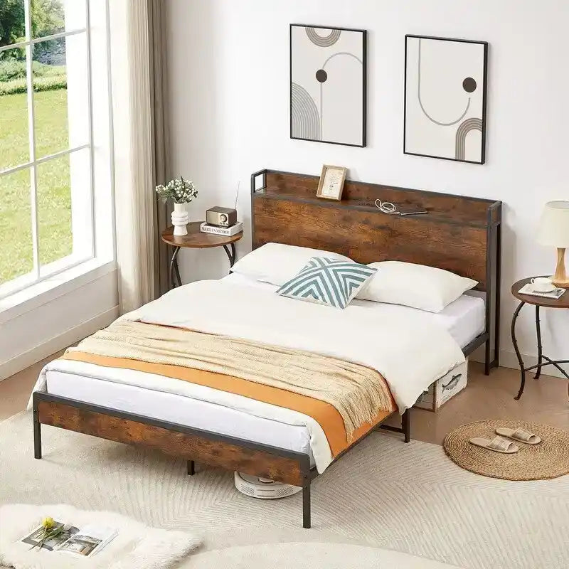 Cadre de lit Queen Size, lit plateforme avec tête de lit de rangement et station de recharge, antidérapant et sans bruit