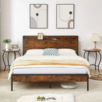 Cadre de lit Queen Size, lit plateforme avec tête de lit de rangement et station de recharge, antidérapant et sans bruit