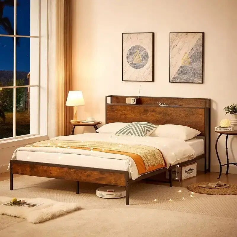 Cadre de lit Queen Size, lit plateforme avec tête de lit de rangement et station de recharge, antidérapant et sans bruit