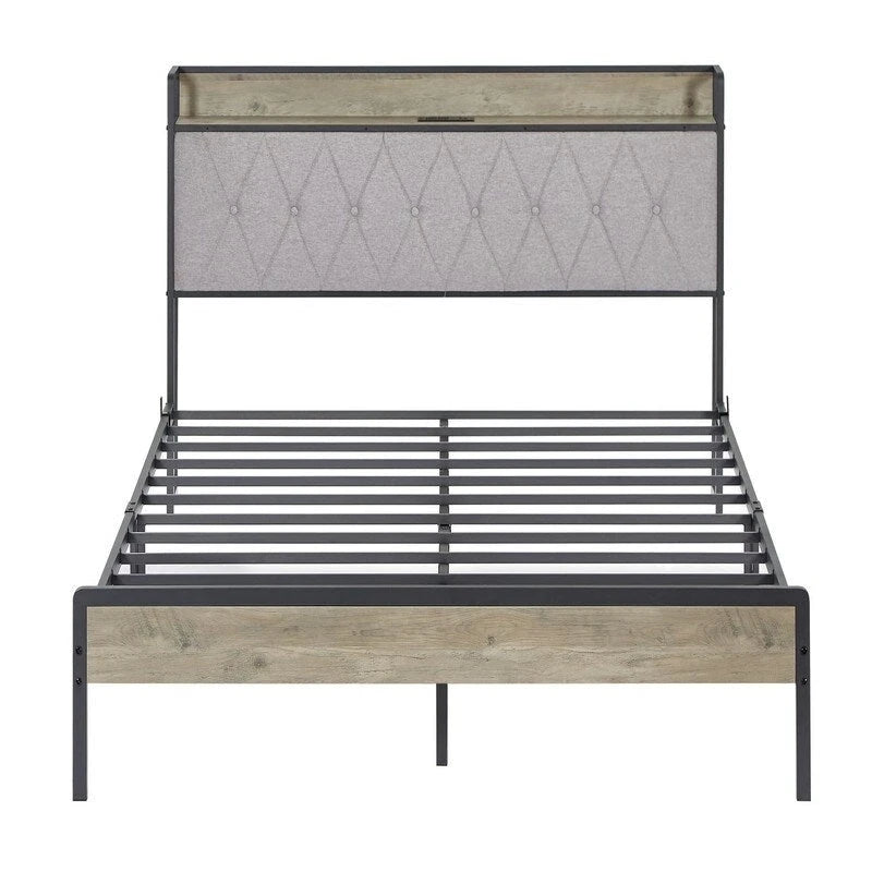 Cadre de lit Queen Size, lit plateforme avec tête de lit de rangement et station de recharge, antidérapant et sans bruit