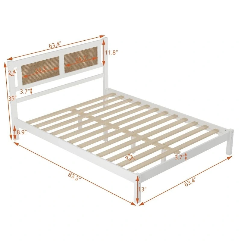 Lit plateforme en bois Queen Size avec tête de lit en rotin naturel, Élégance exquise et charme minimaliste