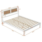 Lit plateforme en bois Queen Size avec tête de lit en rotin naturel, Élégance exquise et charme minimaliste