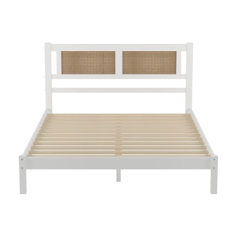 Lit plateforme en bois Queen Size avec tête de lit en rotin naturel, Élégance exquise et charme minimaliste