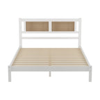 Lit plateforme en bois Queen Size avec tête de lit en rotin naturel, Élégance exquise et charme minimaliste