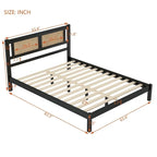 Lit plateforme en bois Queen Size avec tête de lit en rotin naturel, Élégance exquise et charme minimaliste