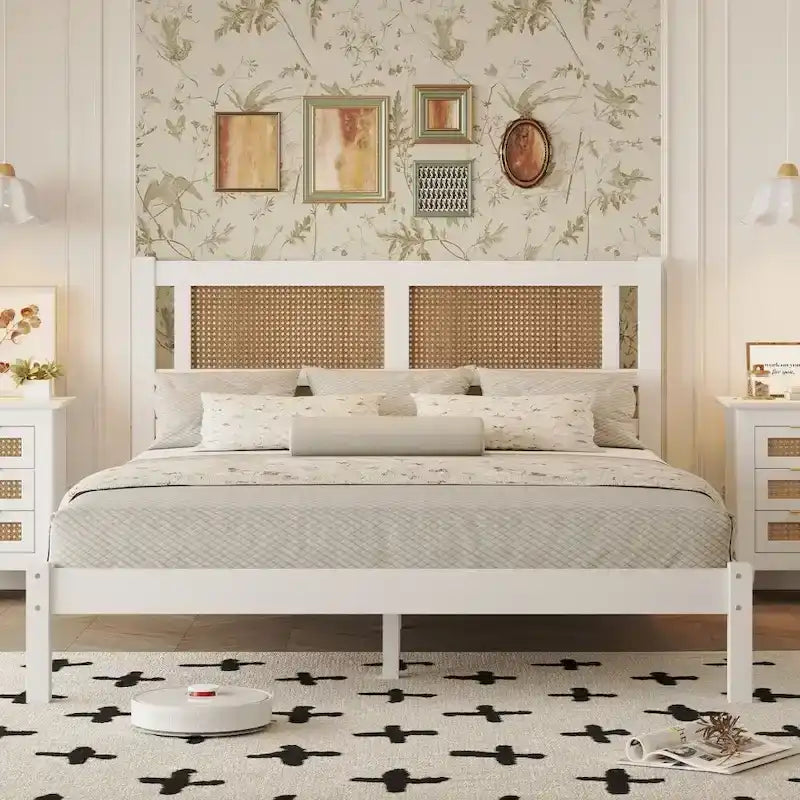 Lit plateforme en bois Queen Size avec tête de lit en rotin naturel, Élégance exquise et charme minimaliste