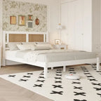 Lit plateforme en bois Queen Size avec tête de lit en rotin naturel, Élégance exquise et charme minimaliste